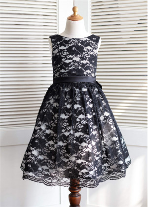 Black Lace Silver Gray Lining Wedding Flower Girl Dress